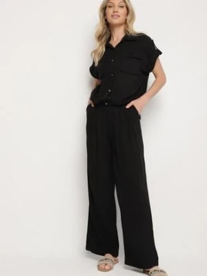 Czarny Wiskozowy Komplet Koszula z Ozdobnymi Kieszeniami i Spodnie Rinesella unigirl