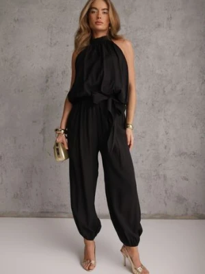 Czarny Wiskozowy Komplet na Lato Top Bez Rękawów i Wiązane Spodnie Balloon Eliness m&d fashion