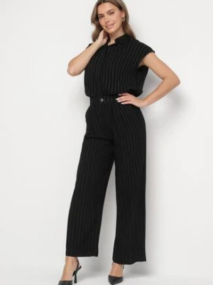 Czarny Wiskozowy Komplet w Paski Koszula z Krótkim Rękawem i Spodnie Dalirel