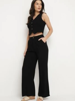 Czarny Wiskozowy Komplet z Lnem Kamizelka i Garniturowe Spodnie Evialira j&x