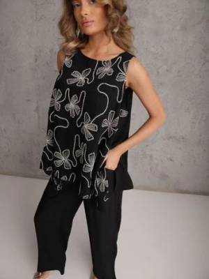 Czarny Wiskozowy Komplet z Lnem w Stylu Boho Spodnie i Bluzka z Haftem Marymene yu & me