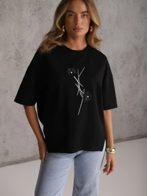 Czarny Wiskozowy T-shirt Ozdobiony Kwiatami i Perełkami Muvine Rosse Line