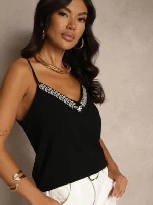 Czarny Wiskozowy Top na Ramiączkach z Lnem Zdobiony Haftem Zireia melya by melody