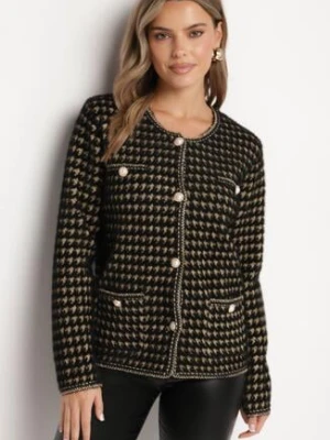 Czarny Wzorzysty Kardigan w Tweedowym Stylu z Ozdobnymi Guzikami Zemitha ambitionfly