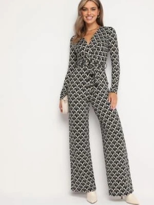 Czarny Wzorzysty Kombinezon z Trójkątnym Dekoltem i Paskiem w Talii Ronela by swan