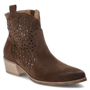 Botki damskie Armodo, kowbojki ażurowe skórzane za kostkę na klocku, ciemnobrązowe, 1616