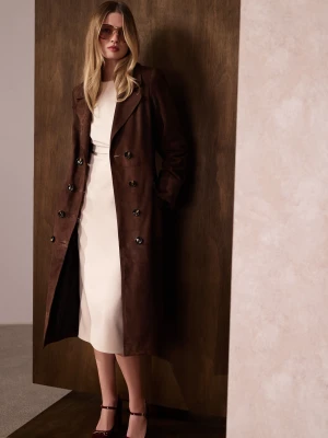 Czekoladowy dwurzędowy płaszcz zamszowy TARANKO