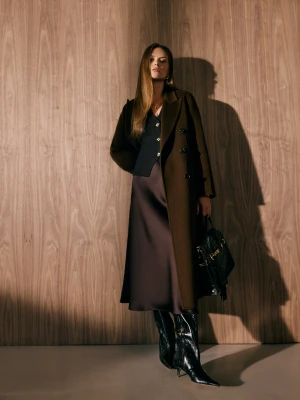 Czekoladowy płaszcz typu double face z wełny TARANKO