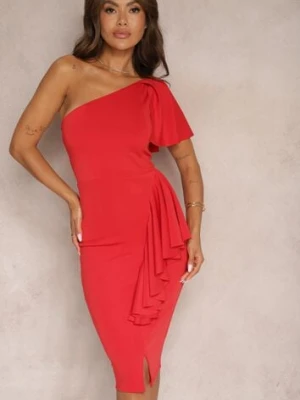 Czerwona Asymetryczna Sukienka Bodycon z Falbanami na Jedno Ramię Imelia messaya