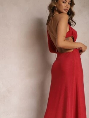 Czerwona Asymetryczna Sukienka Maxi na Jedno Ramię z Ozdobnym Łańcuszkiem Ombrelle