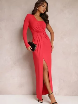 Czerwona Asymetryczna Sukienka Maxi Zdobiona Drapowaniem Kiari