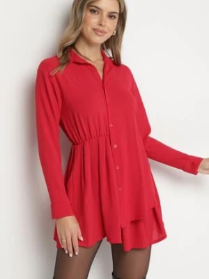 Czerwona Asymetryczna Sukienka o Koszulowym Kroju z Gumką w Talii Elodina j studio