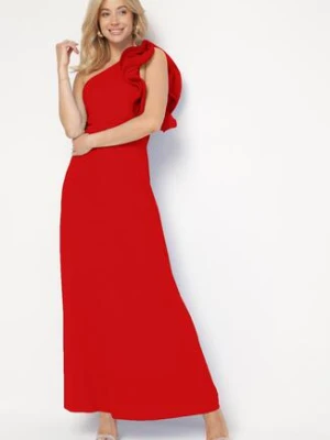 Czerwona Asymetryczna Sukienka o Rozkloszowanym Fasonie z Ozdobnymi Falbankami przy Ramionach Virama allyson