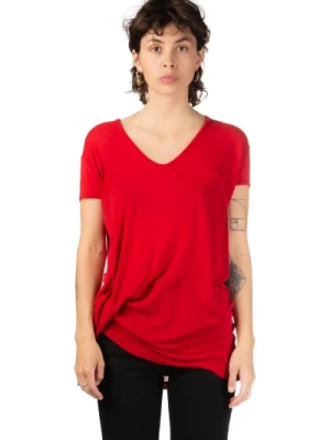 Czerwona Asymetryczna T-shirt z dekoltem w serek Rick Owens