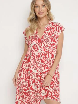 Czerwona Bawełniana Sukienka o Kroju Oversize w Ornamentny Wzór Izelona defox