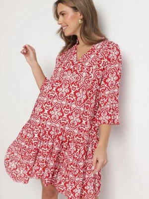 Czerwona Bawełniana Sukienka Rozkloszowana z Falbanką w Ornamentalny Wzór Laneloren defox