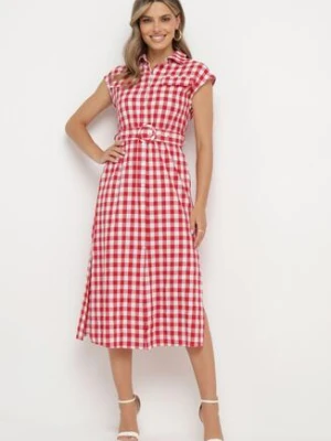 Czerwona Bawełniana Sukienka w Kratę o Koszulowym Kroju na Guziki z Paskiem i Klamrą Qelatia rosa