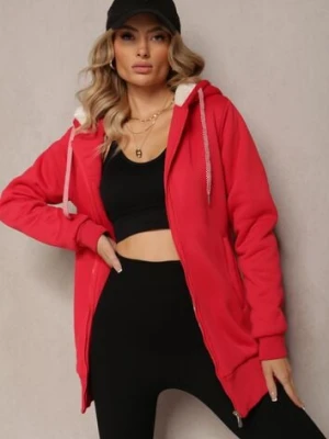 Czerwona Bluza ze Sztucznym Futerkiem i Kapturem oraz Kieszeniami Creactia h&s