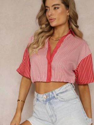 Czerwona Bluzka Krótka w Stylu Retro na Guziki Ozdobiona Paskami Fito