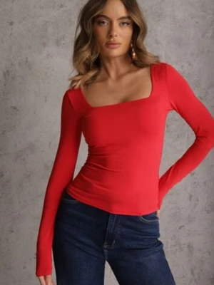 Czerwona Bluzka z Elastycznego Materiału o Kwadratowym Dekolcie z Wiskozą Nemosa