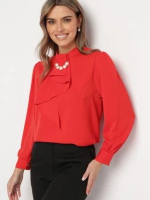 Czerwona Bluzka z Ozdobnym Krawatem i Perłami Opinua j&x