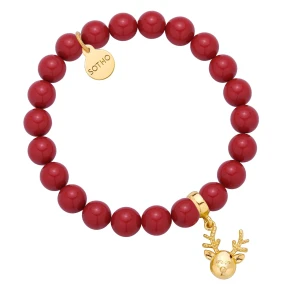Czerwona bransoletka z pereł SWAROVSKI® CRYSTAL ze złotym reniferkiem SOTHO
