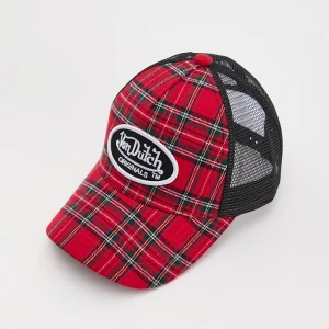 Czerwona czapka z daszkiem trucker hat w kratkę z haftem Von Dutch House