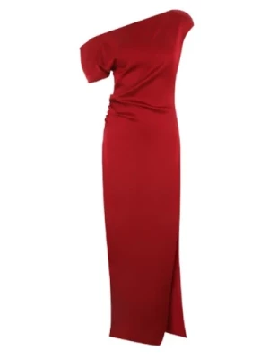 Czerwona Długa Sukienka z Envers Satin z Asymetrycznym Dekoltem i Bocznym Rozcięciem Del Core