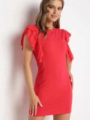 Czerwona Dopasowana Bawełniana Sukienka z Ażurową Falbanką Belohia