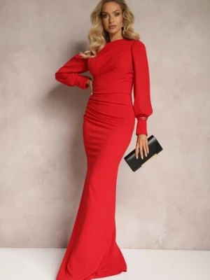 Czerwona Dopasowana Sukienka Maxi o Asymetrycznym Kroju z Bufiastymi Rękawami i Rozcięciem Belsara messaya