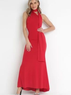 Czerwona Dopasowana Sukienka Maxi z Ozdobnym Wiązaniem Emelinta
