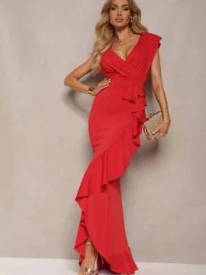 Czerwona Elegancka Sukienka Długa o Asymetrycznym Fasonie z Dekoltem w V i Falbaną Efimea