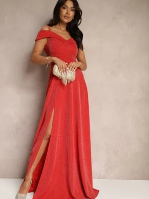 Czerwona Koktajlowa Sukienka o Rozkloszowanym Kroju z Metaliczną Nicią Emilinea messaya