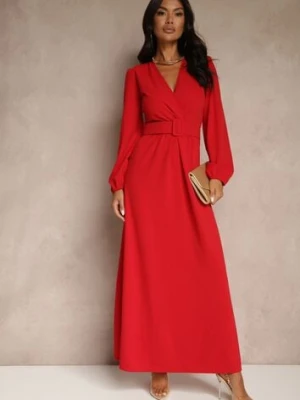 Czerwona Koktajlowa Sukienka o Rozkloszowanym Kroju z Ozdobnym Paskiem Feliera messaya