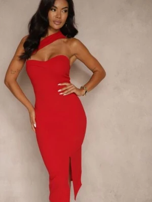 Czerwona Koktajlowa Sukienka Typu Bodycon o Asymetrycznym Kroju Haliannea