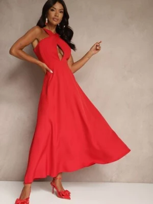 Czerwona Koktajlowa Sukienka z Wiskozą i Dekoltem Halter Dolmanna ann gissy