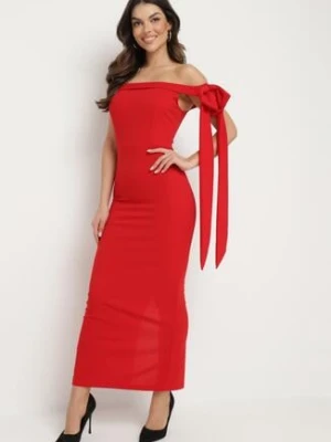 Czerwona Koktajlowa Taliowana Sukienka Ozdobiona Kokardą Emallle messaya