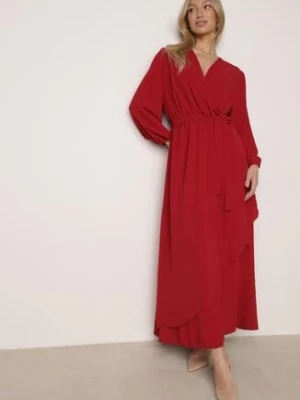 Czerwona Kopertowa Asymetryczna Sukienka Koktajlowa z Wiskozą Ozdobiona Paskiem Lanoresa christy