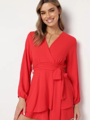 Czerwona Kopertowa Sukienka Kombinezon Mini z Falbanką Bomina j studio