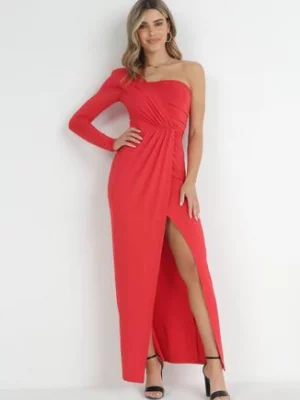Czerwona Kopertowa Sukienka Maxi na Jedno Ramię z Marszczeniami Analaura