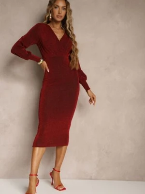 Czerwona Kopertowa Sukienka o Dopasowanym Fasonie z Bufiastymi Rękawami Ulosira messaya