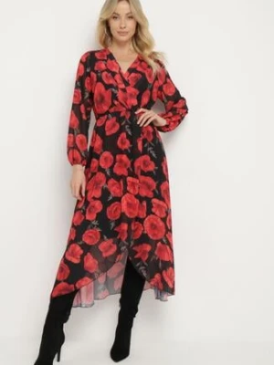 Czerwona Kopertowa Sukienka w Kwiaty z Gumką w Talii i Asymetrycznym Dołem Neladi lovery