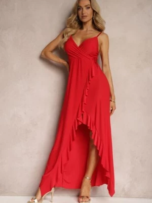 Czerwona Kopertowa Sukienka Wieczorowa na Ramiączkach z Falbanką i Trójkątnym Dekoltem Nestany lovery