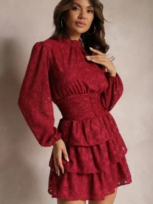 Czerwona Koronkowa Sukienka Taliowana z Falbankami Odrasja