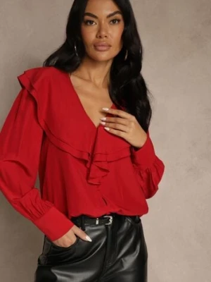 Czerwona Koszula Vices z Dekoltem z Falbanami i Bufiastymi Rękawami Zoiruna