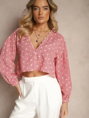 Czerwona Koszula z Lekkimi Bufkami i Haftami z Dodatkiem Bawełny w Kratę Alitea retro & icone