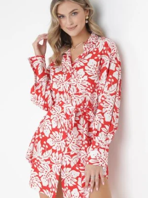 Czerwona Koszulowa Sukienka Mini z Materiałowym Paskiem i Szerokimi Mankietami Fidonisa j&x