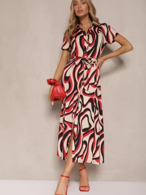 Czerwona Koszulowa Sukienka w Abstrakcyjny Print Wiązana w Talii Zivellea By Swan