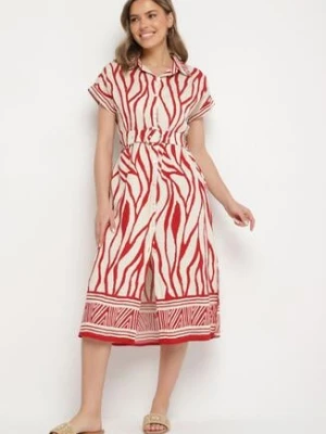 Czerwona Koszulowa Sukienka z Wiskozą z Krótkim Rękawem i Paskiem z Klamrą Meddie rosa