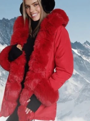 Czerwona Kurtka Parka z Kapturem i Wstawkami z Futerka Caranze